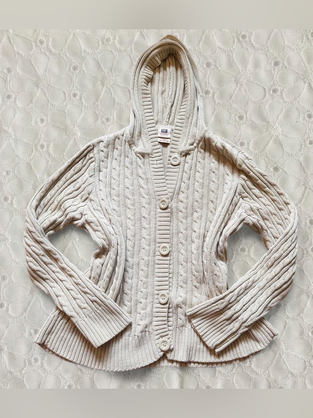 vintage y2k Women’s Cream Cable-Knit Hooded Cardigan Sweater